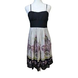 Juniors Small Babydoll Mini Dress Sz Small Ruched Bust Boho Print Chiffon Skirt